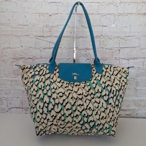Longchamp Teal and Cream Patterned Tote
